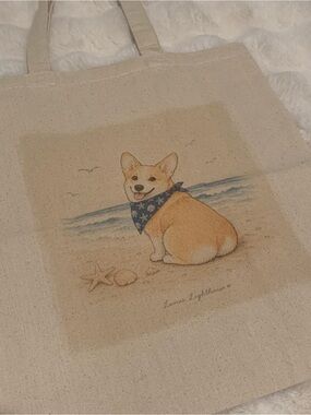 Canvas Tote Bag with Corgi Beach Print - Lunas Lighthouse